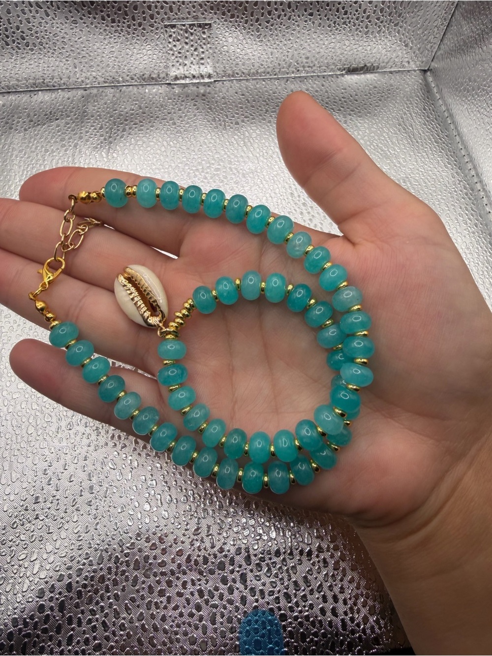 Handmade Turquoise Bead Anklet with Gold Accents and Shell Charm